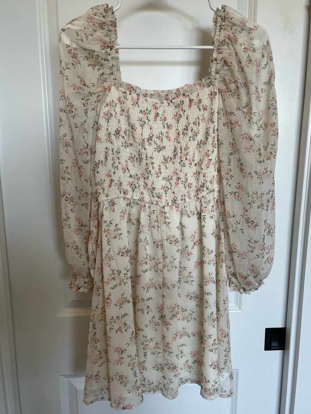 The Impeccable Pig Cream Floral Smocked Long-Sleeve Mini Dress